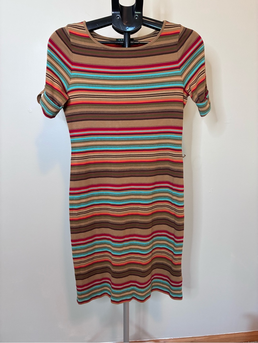 Lauren Ralph Lauren Striped Dress M Brown Multicolor Short Sleeve Stretch Midi